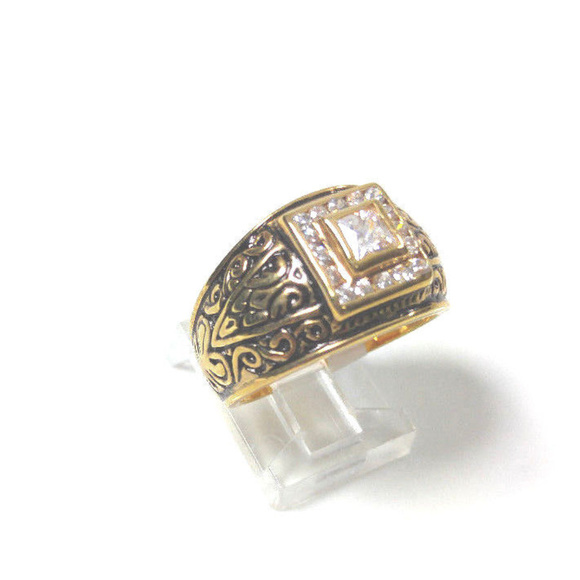 Men's Antiqued Gold Ring Square CZ 50MILS GP - Picture 3 of 8